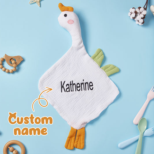 Personalised baby soothing towel flat-lay with embroidered name and soft swan motif — soft cotton personalised swan comforter for newborns