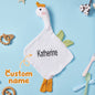 Personalised baby soothing towel flat-lay with embroidered name and soft swan motif — soft cotton personalised swan comforter for newborns