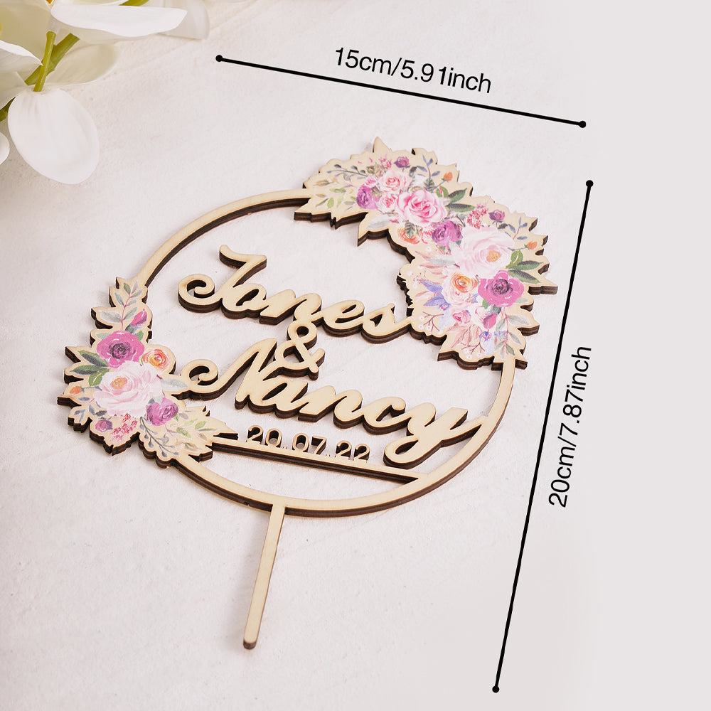 Personalised Wooden Wedding Cake Topper with Custom Names & Dates