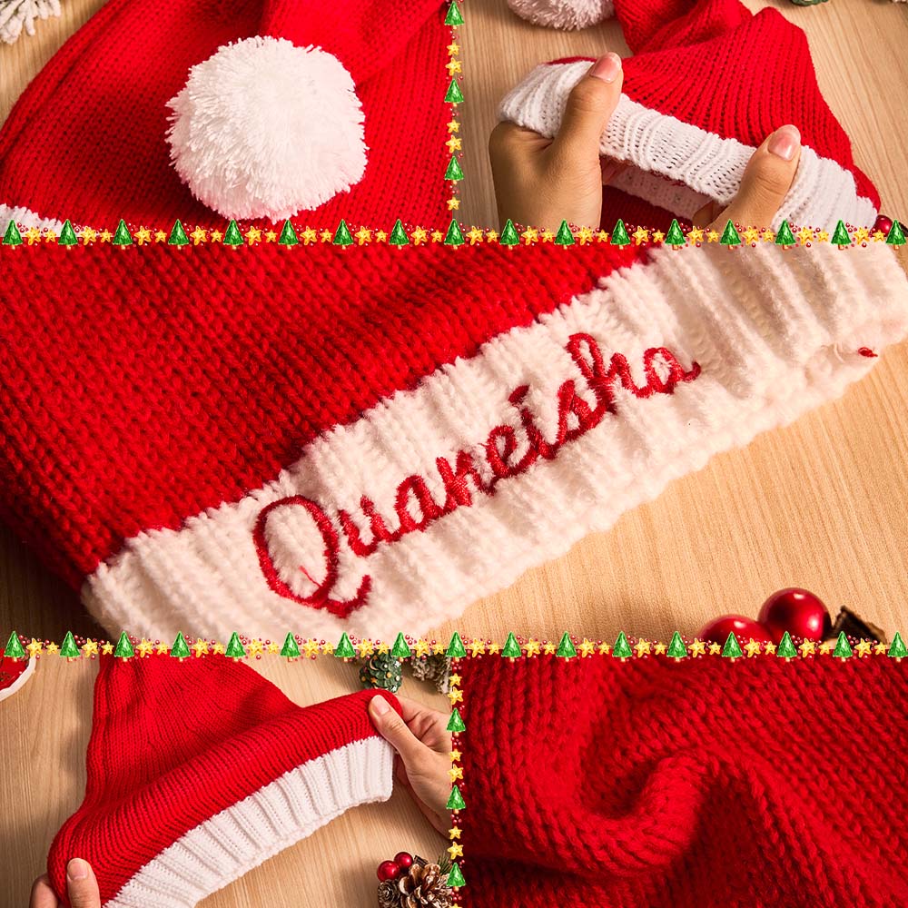 Stack of personalised Santa hats with embroidered names ready as stocking fillers — custom Christmas hats for family gifting