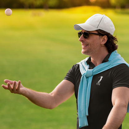 Front view of personalised men's embroidered golf polo shirt in black — short-sleeved with lapel collar, breathable polyester