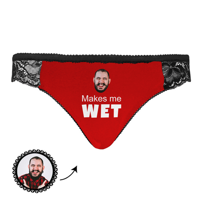 Modelled view of personalised face lace black panties highlighting sheer side panels and flattering cut – romantic personalised underwear for wife or girlfriend