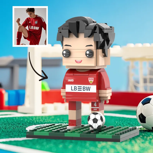 Personalised full-body brick figure of one person in football kit – custom hairstyle, expression and clothing; unique football player gift