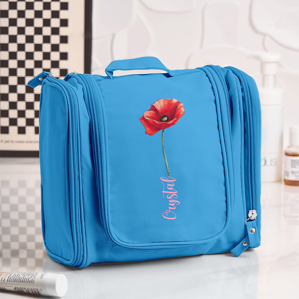 Size and scale of personalised toiletry bag 18cm x 15cm x 10.5cm (7.08 x 5.9 x 4.13in) shown alongside everyday cosmetics — compact travel essential