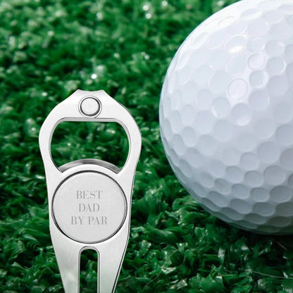 Golf ball marker used as a club holder on the putting green — personalised magnetic marker that doubles as a practical bottle opener for golfers