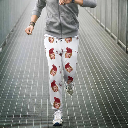 Full flat lay of personalised face joggers in white, lightweight 100% polyester personalised sweatpants ideal as a custom photo gift for her