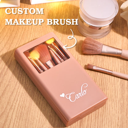 Close-up of engraved brush handles showing a personalised name on custom engraved beauty brushes — ideal personalised name gift