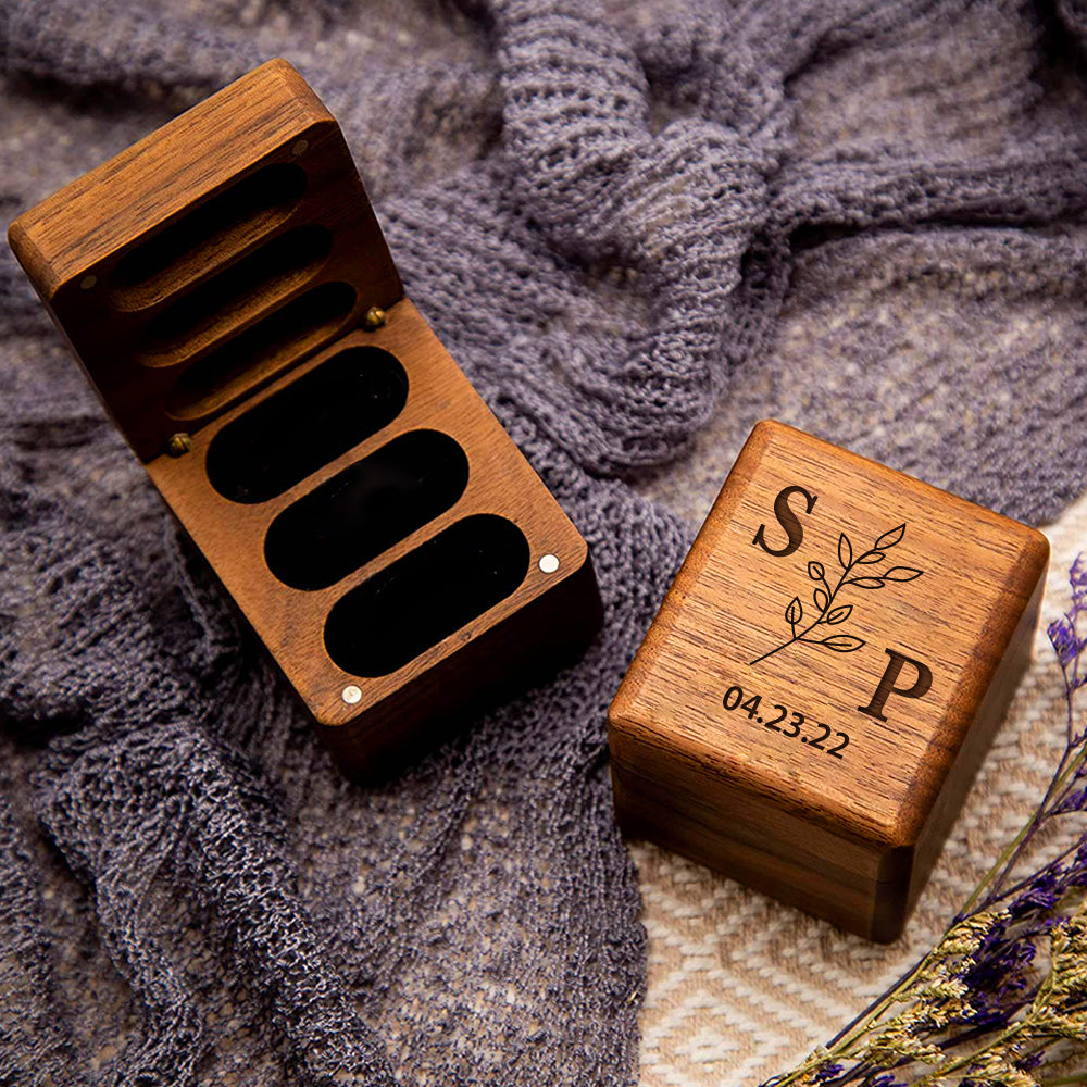 Personalised Triple Slot Wooden Ring Box - Engraved Name & Date