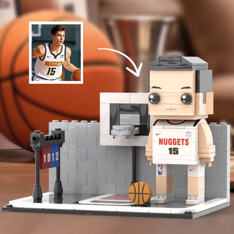 Custom brick figure of a basketball player, personalised from an uploaded photo in bright basketball attire.