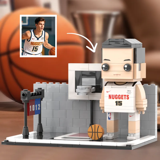 Custom brick figure of a basketball player, personalised from an uploaded photo in bright basketball attire.