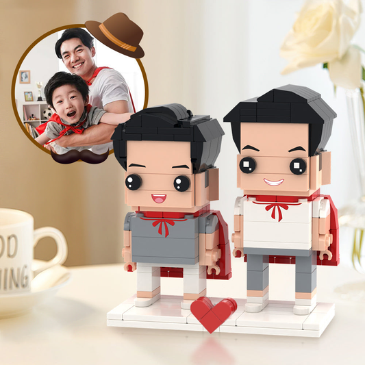Front view of two personalised Lego-style brick figures — custom 2-person gift for Father’s Day and special occasions, eco-friendly ABS