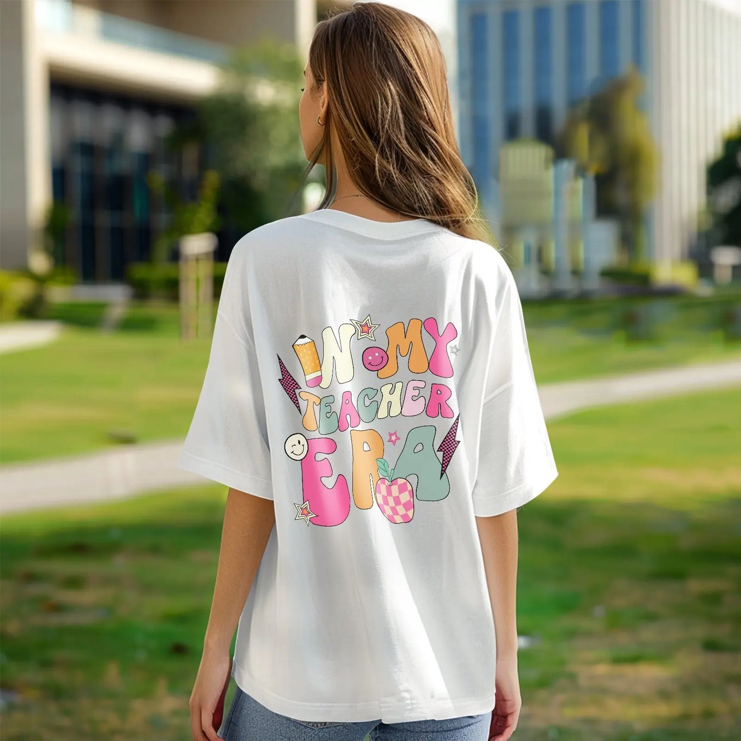 Personalised 'In My Teacher Era' T‑Shirt on hanger – ready-to-gift teacher appreciation present in polyester