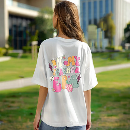 Personalised 'In My Teacher Era' T‑Shirt on hanger – ready-to-gift teacher appreciation present in polyester