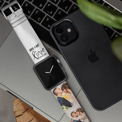 Apple Watch band with easy-fit connector for quick installation; silicone strap featuring a photo collage design.