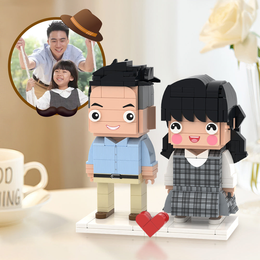 Personalised 2‑person brick figures of a father and child, custom mini characters crafted from your photos — perfect custom Father’s Day gift and personalised photo keepsake