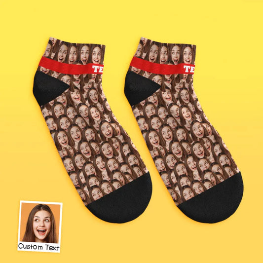 Personalised Face Mash low cut ankle socks featuring combined faces – custom face socks, perfect personalised gift for birthdays and weddings
