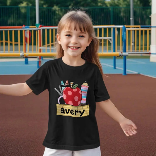 Personalised back to school T-shirt, front view with custom name print – perfect first day of school keepsake for kids