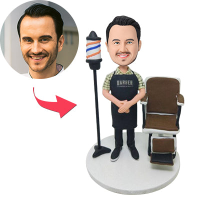 Custom Barber Bobblehead with chair – personalised face and engraved text on base, hand‑sculpted polymer clay barbershop ornament