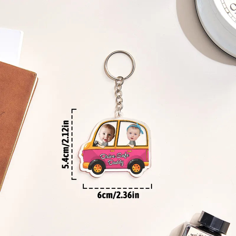 Acrylic keychain detail with engraved 'Drive Safe' text and smooth edges — personalised keyring gift for him