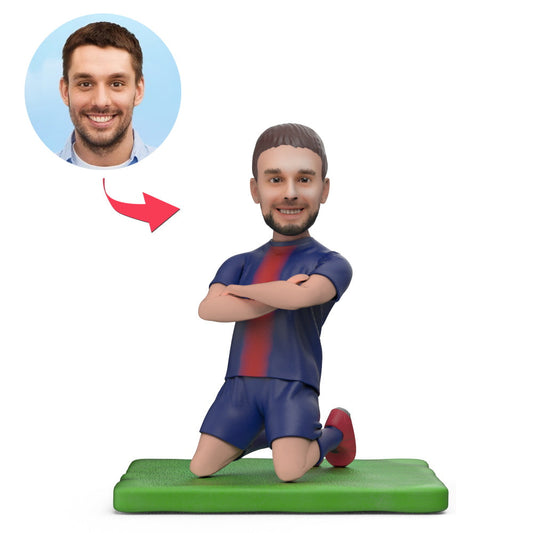 Mbappé Celebrates personalised football bobblehead — Mbappé‑inspired kit and pose with engraved base and head personalised from your photo