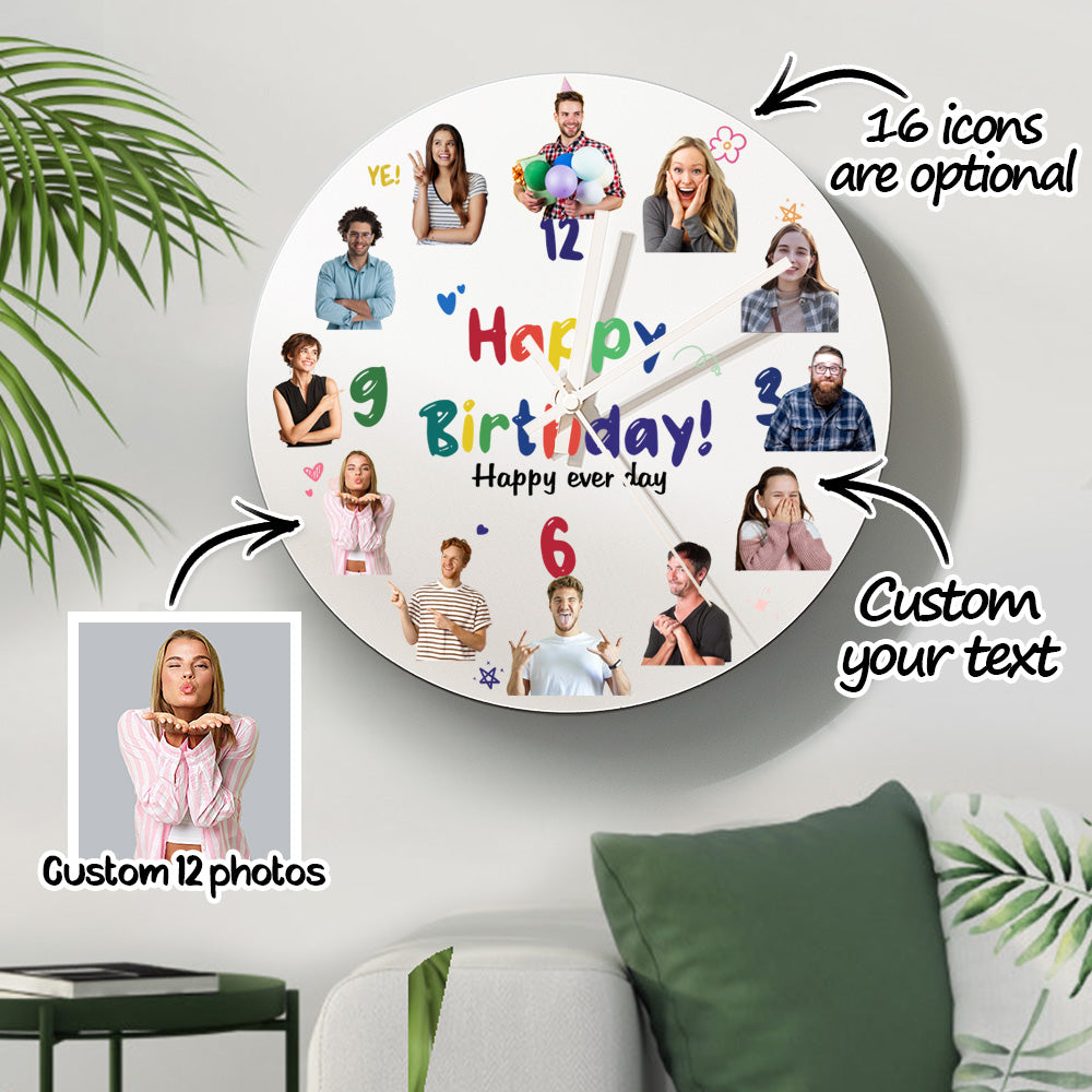 Personalised Happy Birthday round PVC wall clock 30×30cm with custom photo laser engraving and precise quartz movement — stylish personalised birthday gift