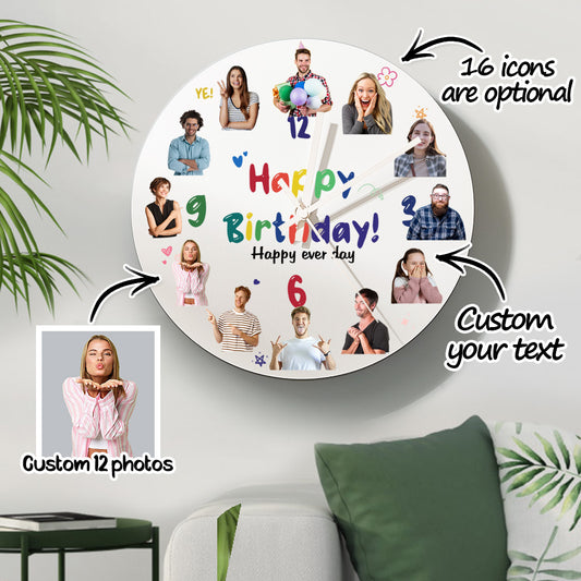 Personalised Happy Birthday round PVC wall clock 30×30cm with custom photo laser engraving and precise quartz movement — stylish personalised birthday gift