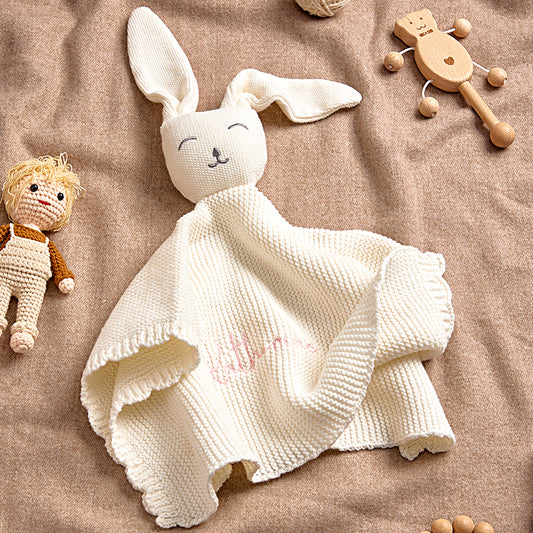 Hero image: personalised Soft Bunny baby towel in premium cotton, embroidered name on a 40cm x 40cm square for newborns.
