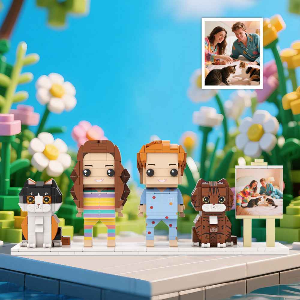 Custom Full-Body Brick Figures of 2 People and 2 Cats with Frame Personalized Anniversary Gift Birthday Gift