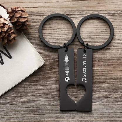 Personalised Spotify music code keyring displayed with keys and ribbon, presented as a thoughtful gift for friends in the UK and Australia