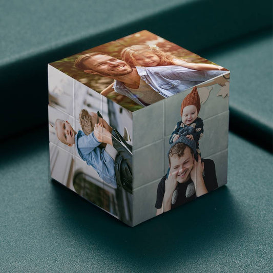 Custom Multi-Photo Rubik's Cube front view displaying personalised family photos – 3x3 functional puzzle, ideal personalised gift for father and children