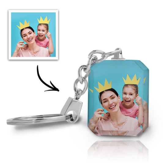 Personalised double-sided crystal photo keyring displaying two photos, premium clear crystal keepsake with metal key ring