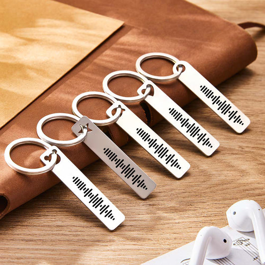 Personalised Music Code Keyring - engraved 3D stainless steel bar with scannable Spotify music code, polished finish