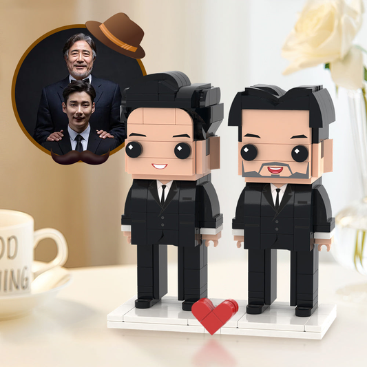Personalised two-person Lego-style brick figures on display - custom brick figures gift for Father's Day with detailed hairstyles and outfits