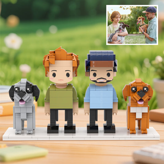 Personalised full‑body cute brick figures for 2 people & 2 dogs — handcrafted ABS couple and pet keepsake, ideal anniversary or birthday gift