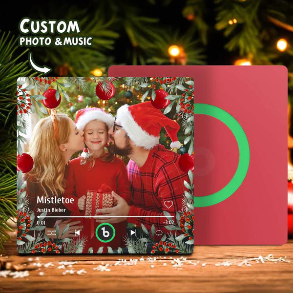 Array of personalised family photo music fridge magnets displaying different photos and custom MP3 song choices