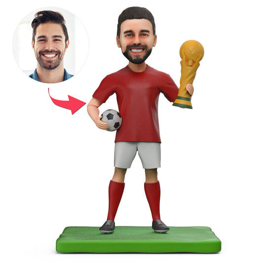 Front view personalised World Cup football bobblehead in football kit with engraved name on plinth — custom engraved bobblehead gift for football fans