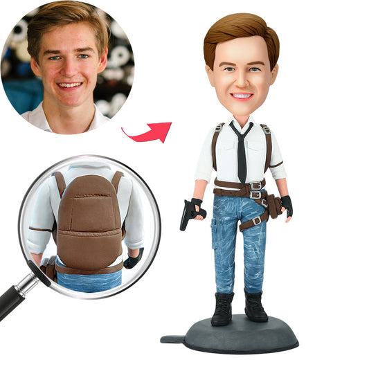 Personalised PUBG Male Lead Bobblehead in polymer clay – full standing figure with customised head and engraved base text, ideal gamer gift collectible for UK and Australia