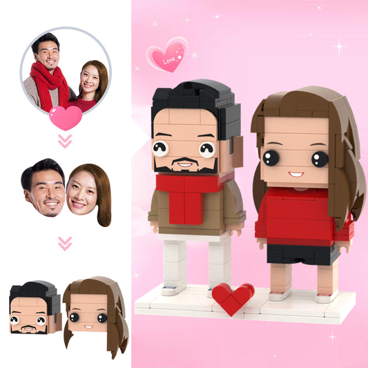 Personalised Head Brick Couple Figures – custom two-person brick-style set with personalised heads (hair and facial expression), ideal wedding or anniversary keepsake, eco-friendly ABS