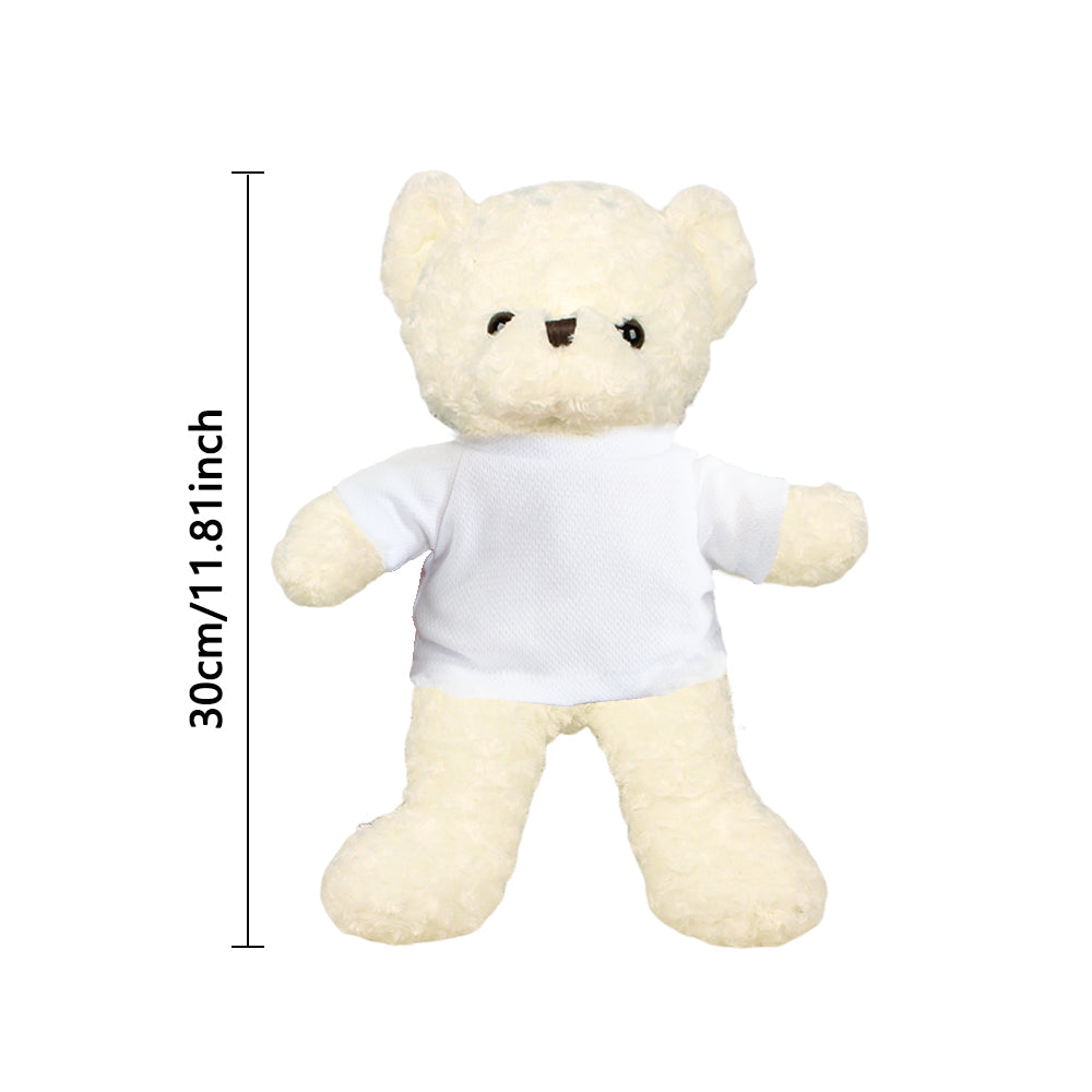 Visual guide showing the customisation process: upload photo, add music or personalised text for your 11.8in teddy bear plush