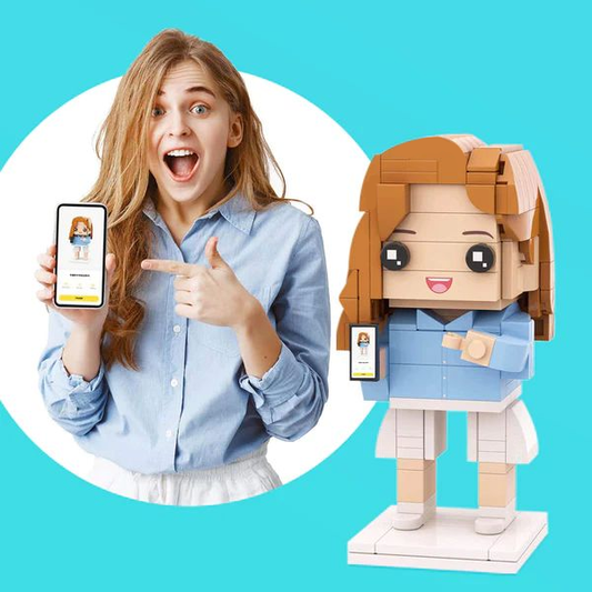 Personalised Photo Brick Figure with custom face, hairstyle and outfit — bespoke building-block keepsake and custom birthday gift for her