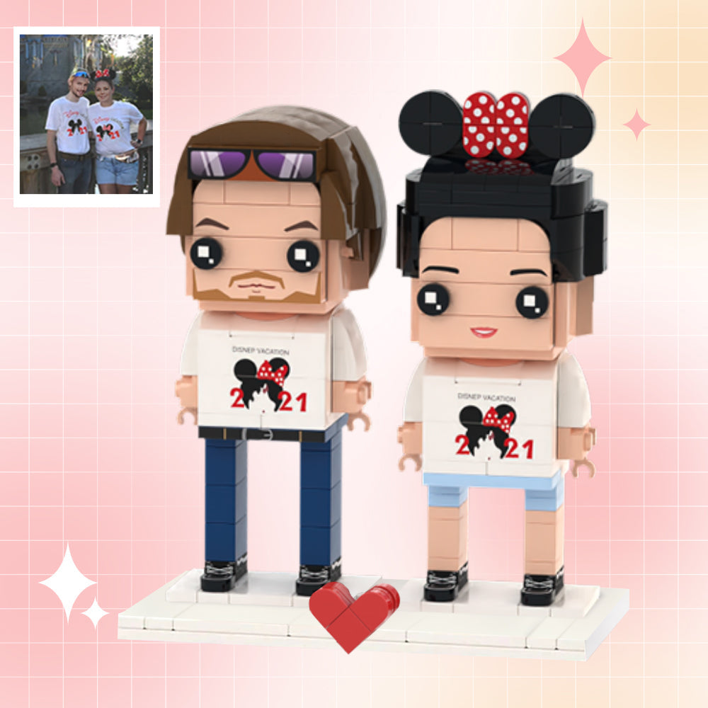 Custom brick figures of a couple in travel outfits — personalised miniature couple figurines, eco-friendly ABS keepsake and perfect personalised travel gift
