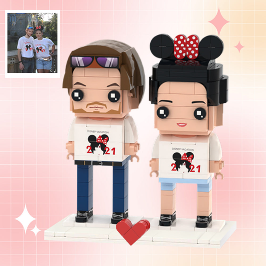 Custom brick figures of a couple in travel outfits — personalised miniature couple figurines, eco-friendly ABS keepsake and perfect personalised travel gift