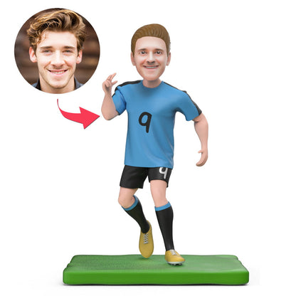 Personalised Suarez World Cup football bobblehead with engraved base – front view, handcrafted polymer clay and customised head likeness