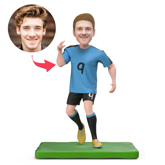 Personalised Suarez World Cup football bobblehead with engraved base – front view, handcrafted polymer clay and customised head likeness