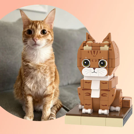 Front view of a custom cat brick figure made from personalised mini blocks — full‑body cat model, perfect personalised photo gift for cat lovers in the UK and Australia