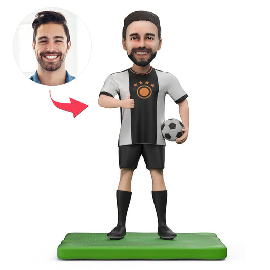 Personalised Germany Team 2022 World Cup football player custom bobblehead front view showing customised head sculpt and engraved base