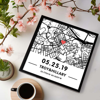Personalised hand-drawn street map plaque in a clean framed acrylic design — custom framed acrylic map sign showing a bespoke street location, perfect anniversary, wedding or Valentine's gift (21.5×21.5×2 cm).