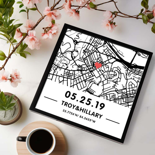Personalised hand-drawn street map plaque in a clean framed acrylic design — custom framed acrylic map sign showing a bespoke street location, perfect anniversary, wedding or Valentine's gift (21.5×21.5×2 cm).