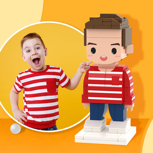 Personalised 1-person full-body brick figure — custom block toy made from eco-friendly ABS, photo-to-brick likeness showing hairstyle, face and outfit