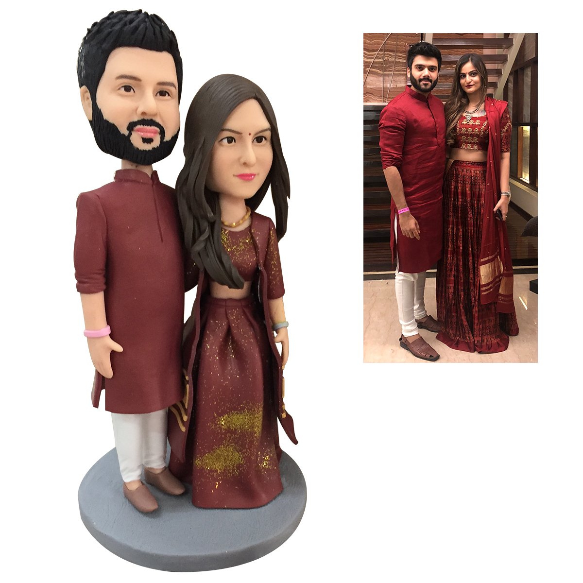 Close-up of personalised couple bobblehead heads showing facial likeness and hairstyle detail on handcrafted polymer clay custom figurine